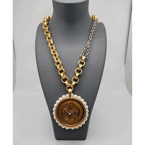 Chico's Jewelry - Chico's Gold & Silver Tone Faux Pearl Medallion Cross Pendant Statement Necklace